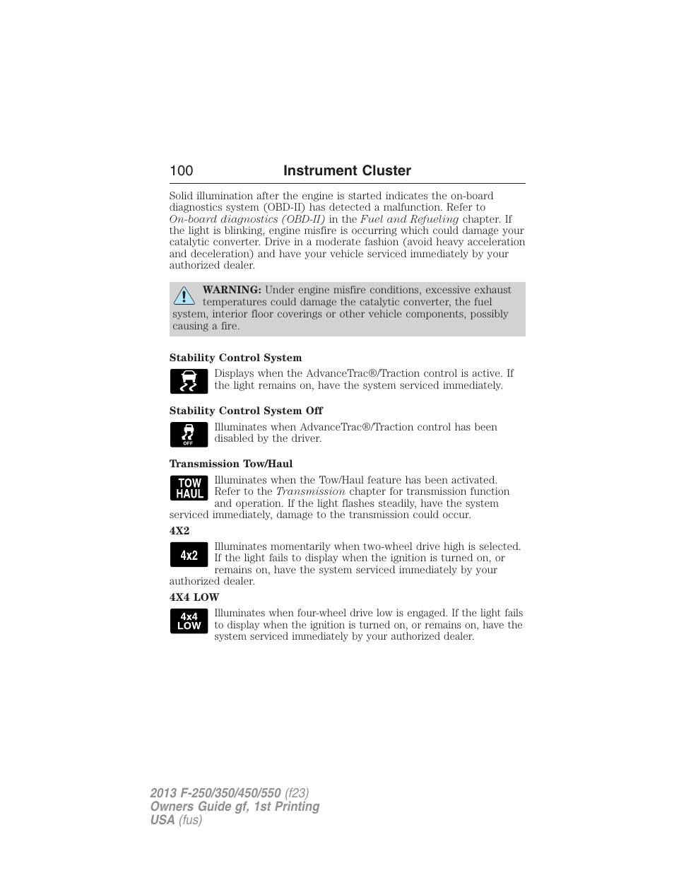 100 instrument cluster | FORD 2013 F-550 v.1 User Manual | Page 101 / 563