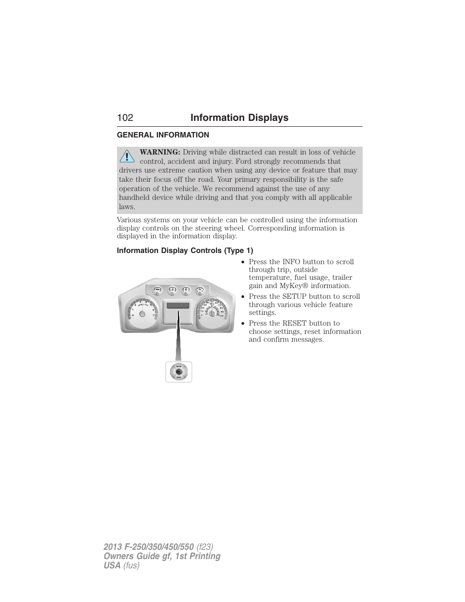 Information displays, General information, Information display controls (type 1) | Controls, 102 information displays | FORD 2013 F-550 v.1 User Manual | Page 103 / 563
