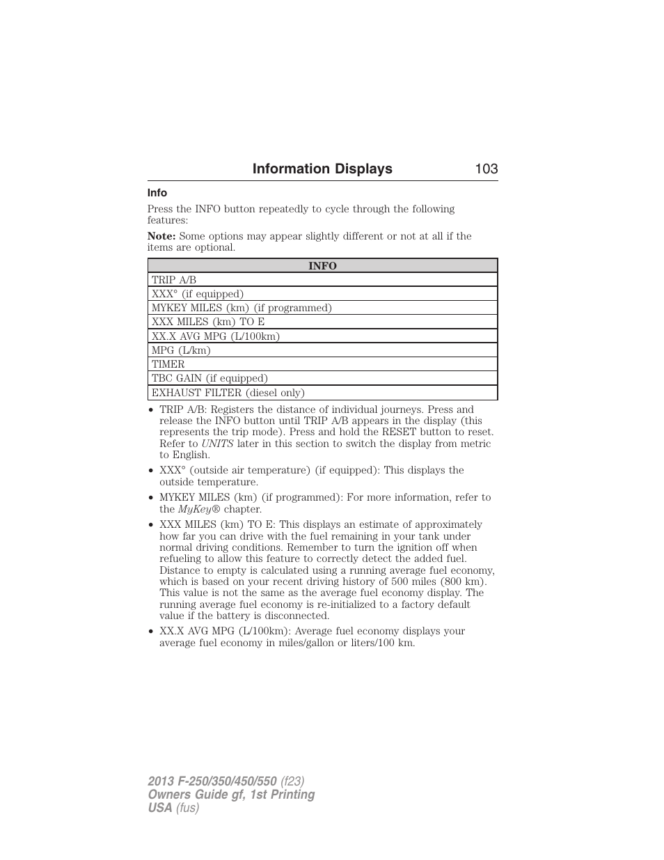 Info, Information displays 103 | FORD 2013 F-550 v.1 User Manual | Page 104 / 563