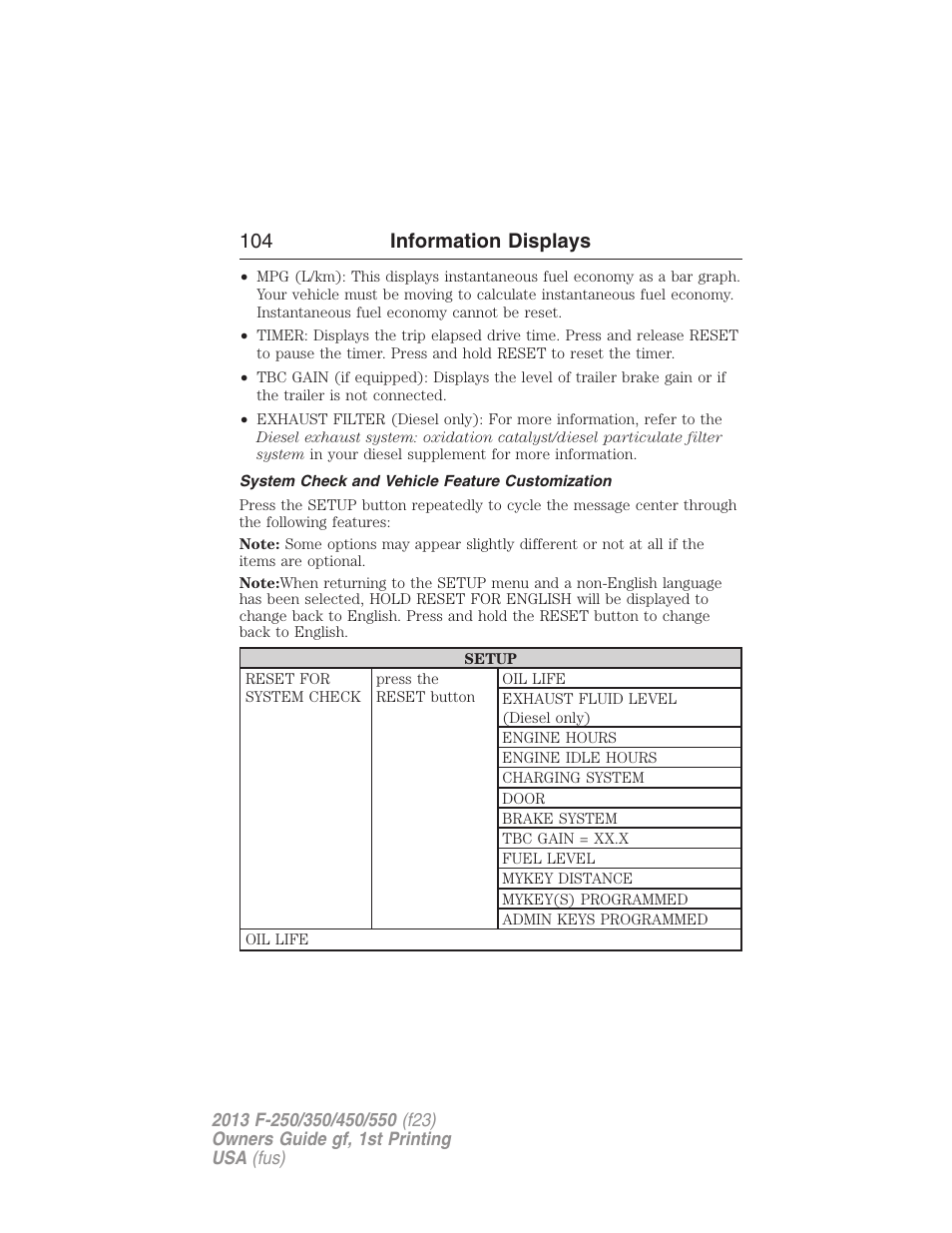 System check and vehicle feature customization, 104 information displays | FORD 2013 F-550 v.1 User Manual | Page 105 / 563