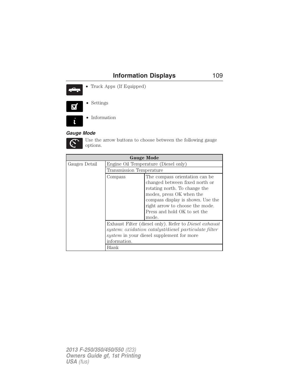 Gauge mode, Information displays 109 | FORD 2013 F-550 v.1 User Manual | Page 110 / 563