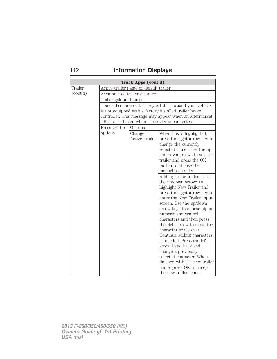 112 information displays | FORD 2013 F-550 v.1 User Manual | Page 113 / 563