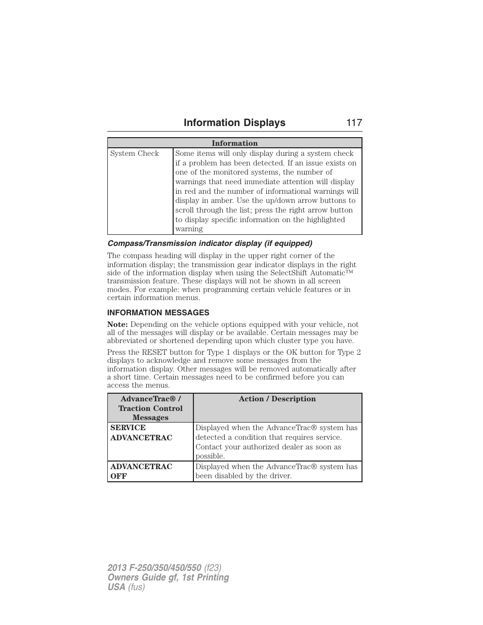 Information messages, Information displays 117 | FORD 2013 F-550 v.1 User Manual | Page 118 / 563