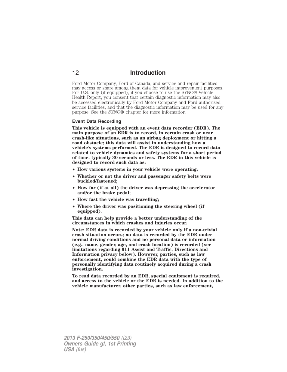 Event data recording, 12 introduction | FORD 2013 F-550 v.1 User Manual | Page 13 / 563