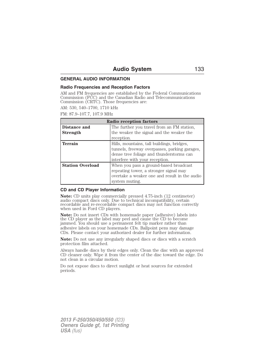 Audio system, General audio information, Radio frequencies and reception factors | Cd and cd player information, Audio system 133 | FORD 2013 F-550 v.1 User Manual | Page 134 / 563