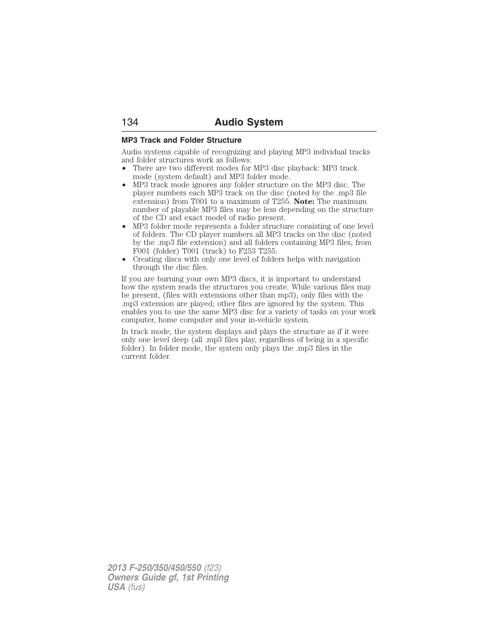 Mp3 track and folder structure, 134 audio system | FORD 2013 F-550 v.1 User Manual | Page 135 / 563