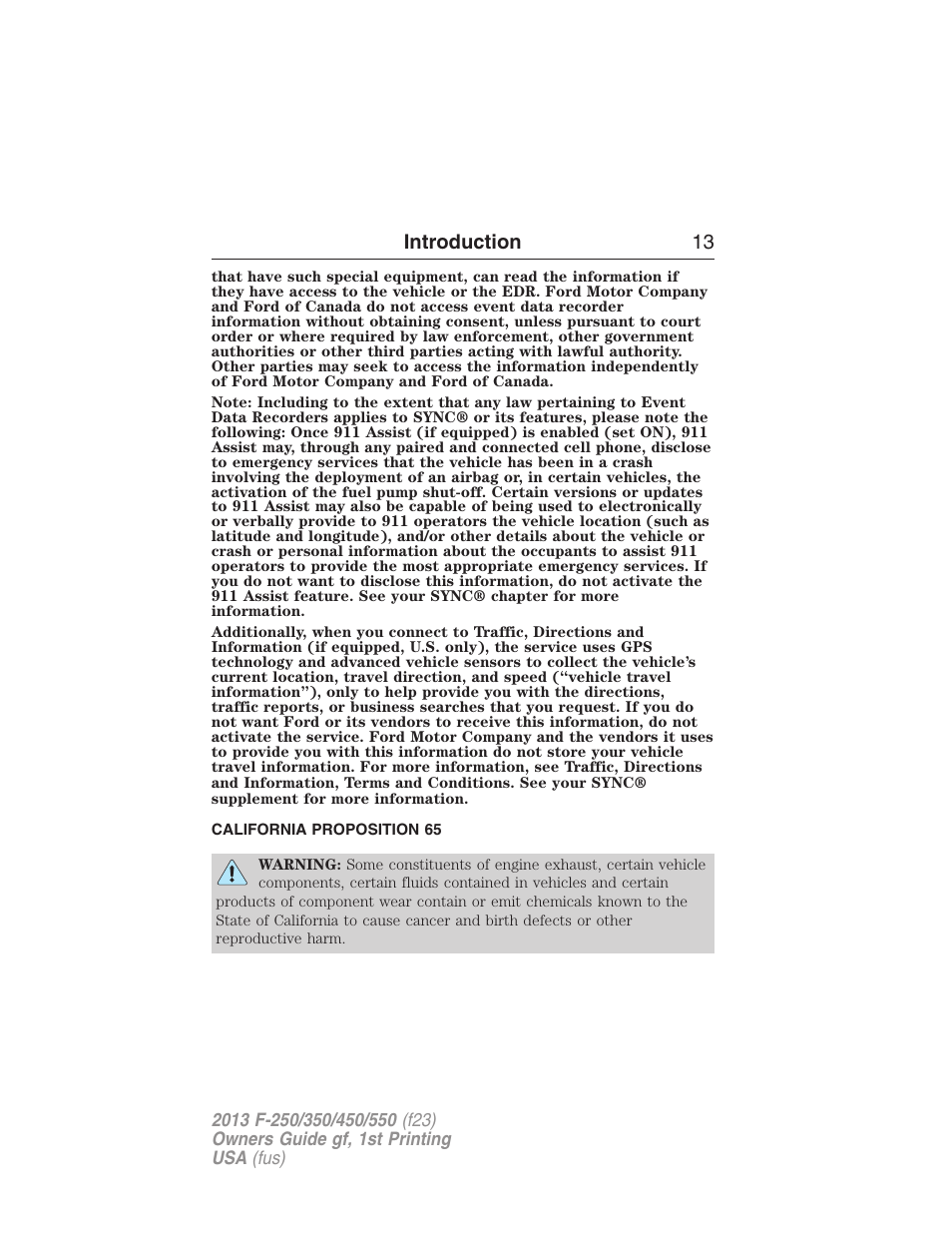 California proposition 65, Introduction 13 | FORD 2013 F-550 v.1 User Manual | Page 14 / 563