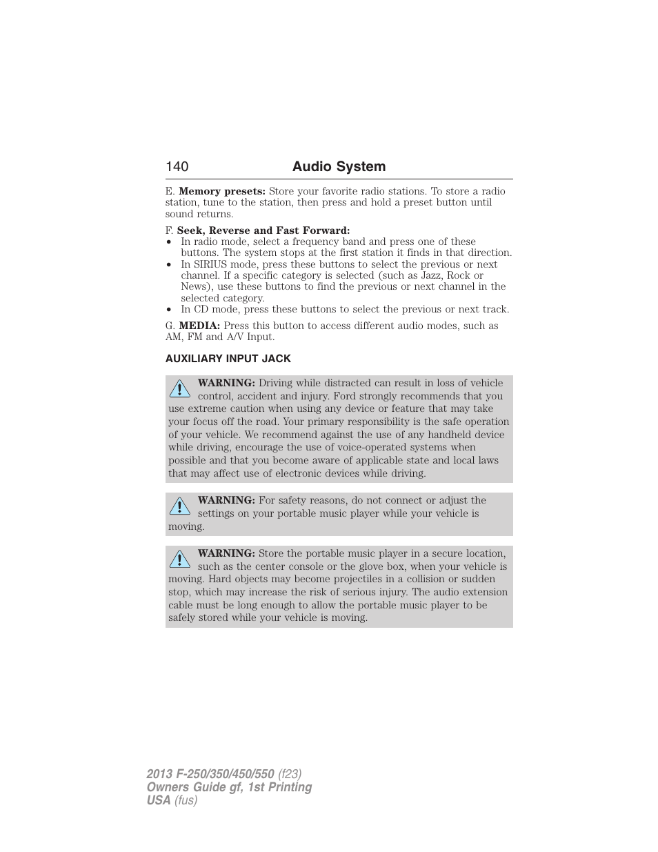 Auxiliary input jack, 140 audio system | FORD 2013 F-550 v.1 User Manual | Page 141 / 563