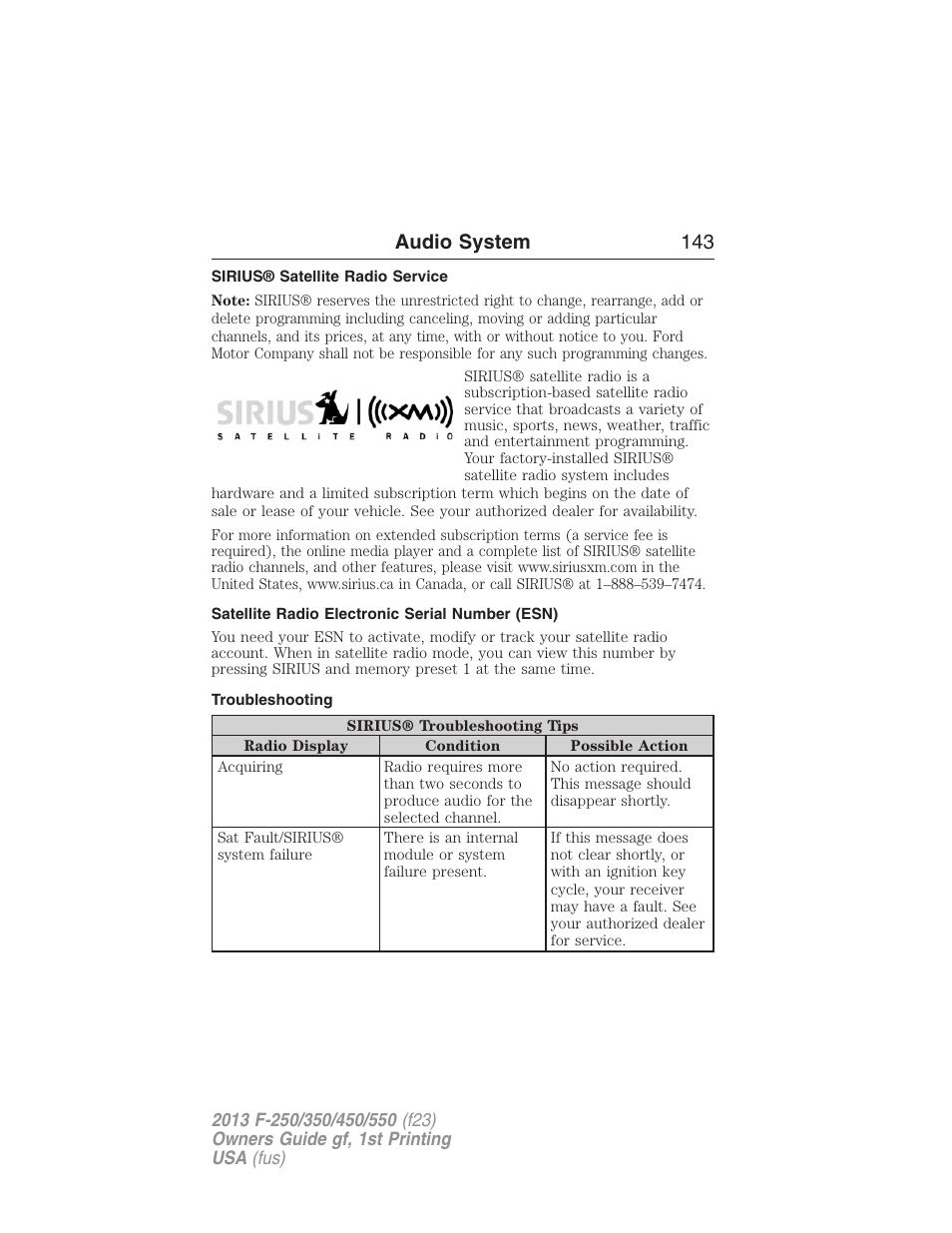 Sirius® satellite radio service, Satellite radio electronic serial number (esn), Troubleshooting | Audio system 143 | FORD 2013 F-550 v.1 User Manual | Page 144 / 563