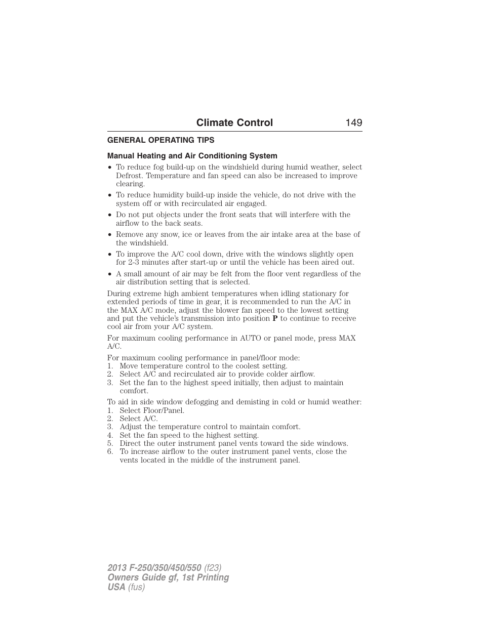 General operating tips, Manual heating and air conditioning system, Climate control 149 | FORD 2013 F-550 v.1 User Manual | Page 150 / 563