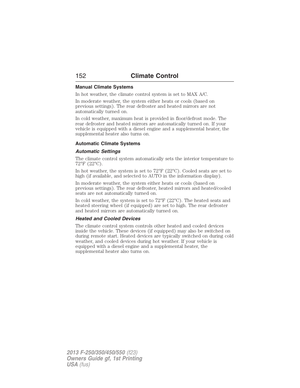 Manual climate systems, Automatic climate systems, Automatic settings | Heated and cooled devices, 152 climate control | FORD 2013 F-550 v.1 User Manual | Page 153 / 563