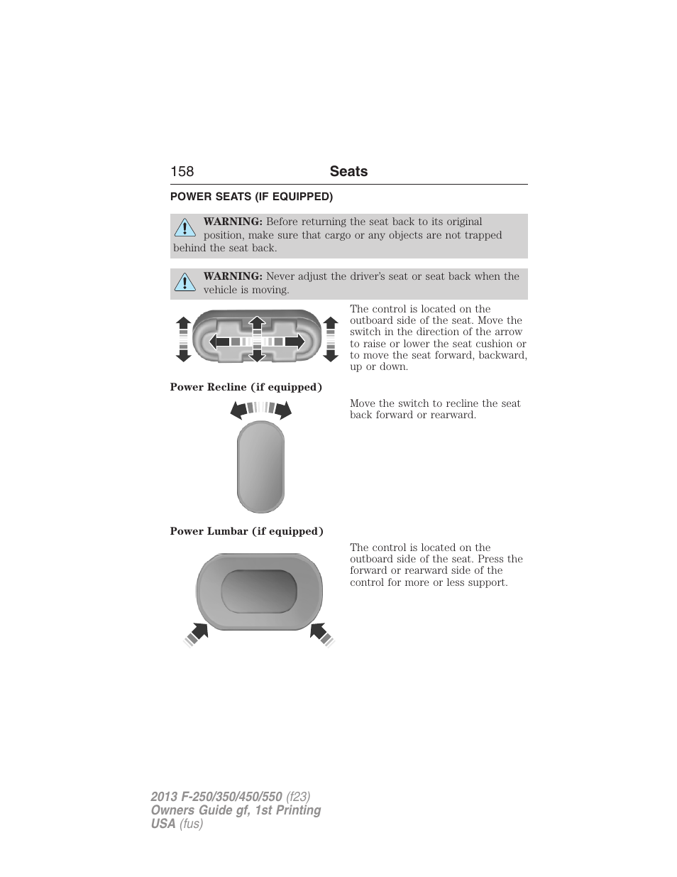 Power seats (if equipped), Power seats, 158 seats | FORD 2013 F-550 v.1 User Manual | Page 159 / 563