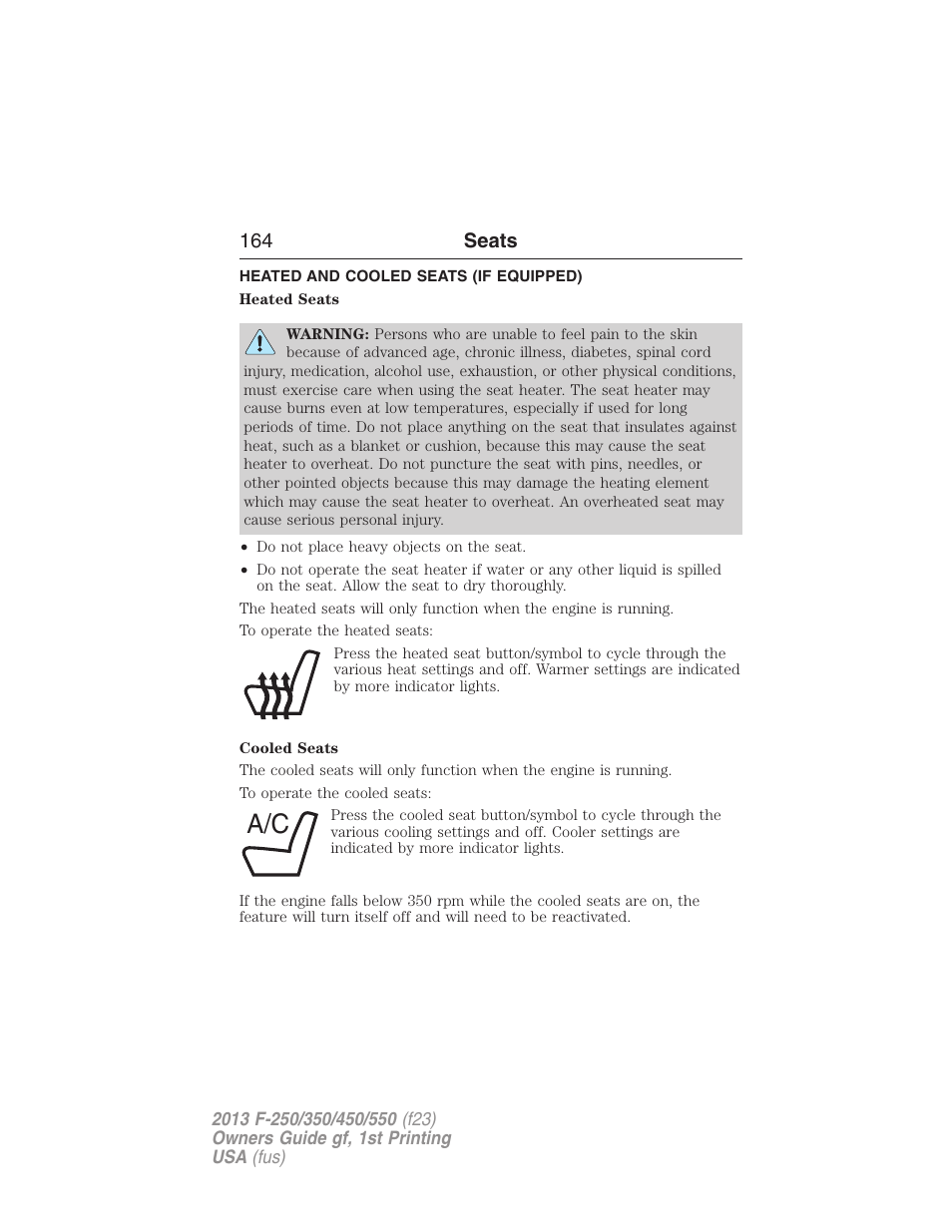 Heated and cooled seats (if equipped), Heated and cooled seats, 164 seats | FORD 2013 F-550 v.1 User Manual | Page 165 / 563