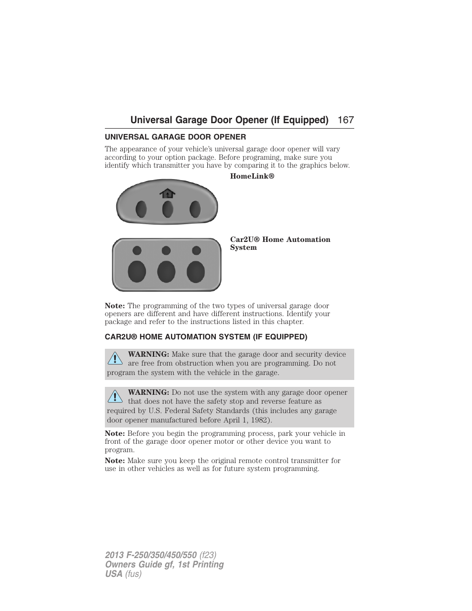 Universal garage door opener (if equipped), Universal garage door opener, Car2u® home automation system (if equipped) | Car2u® home automation system, Universal garage door opener (if equipped) 167 | FORD 2013 F-550 v.1 User Manual | Page 168 / 563