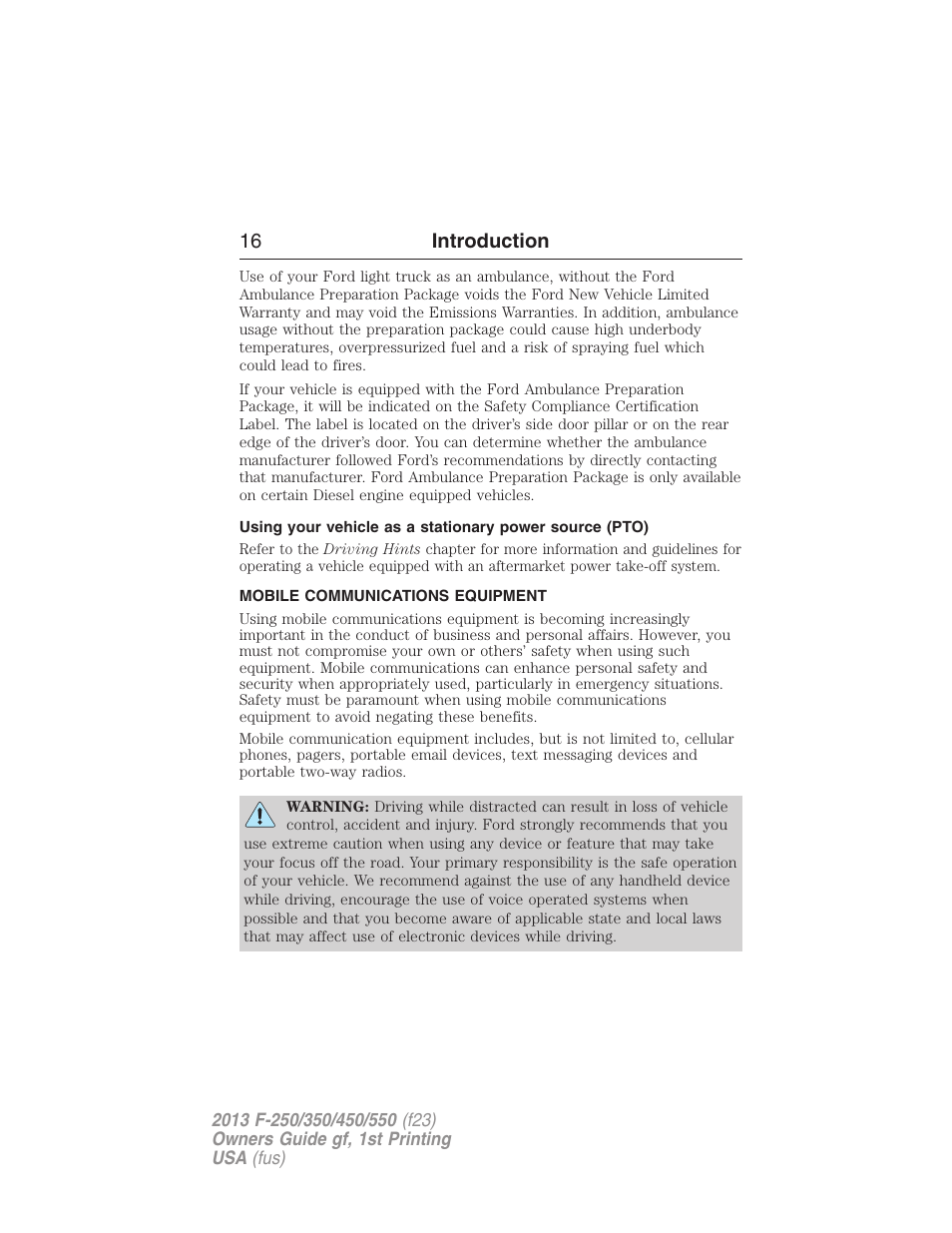 Mobile communications equipment, 16 introduction | FORD 2013 F-550 v.1 User Manual | Page 17 / 563
