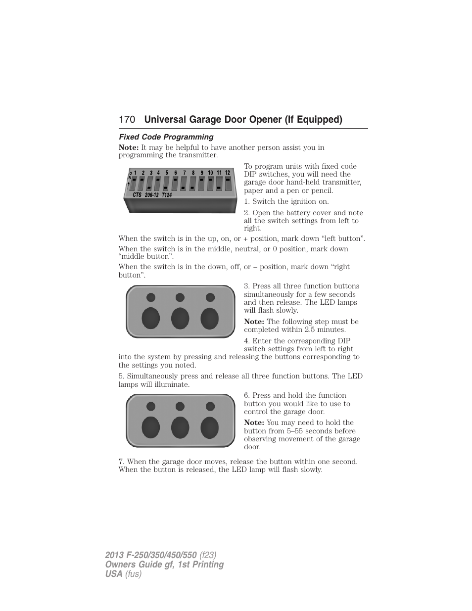 Fixed code programming, 170 universal garage door opener (if equipped) | FORD 2013 F-550 v.1 User Manual | Page 171 / 563