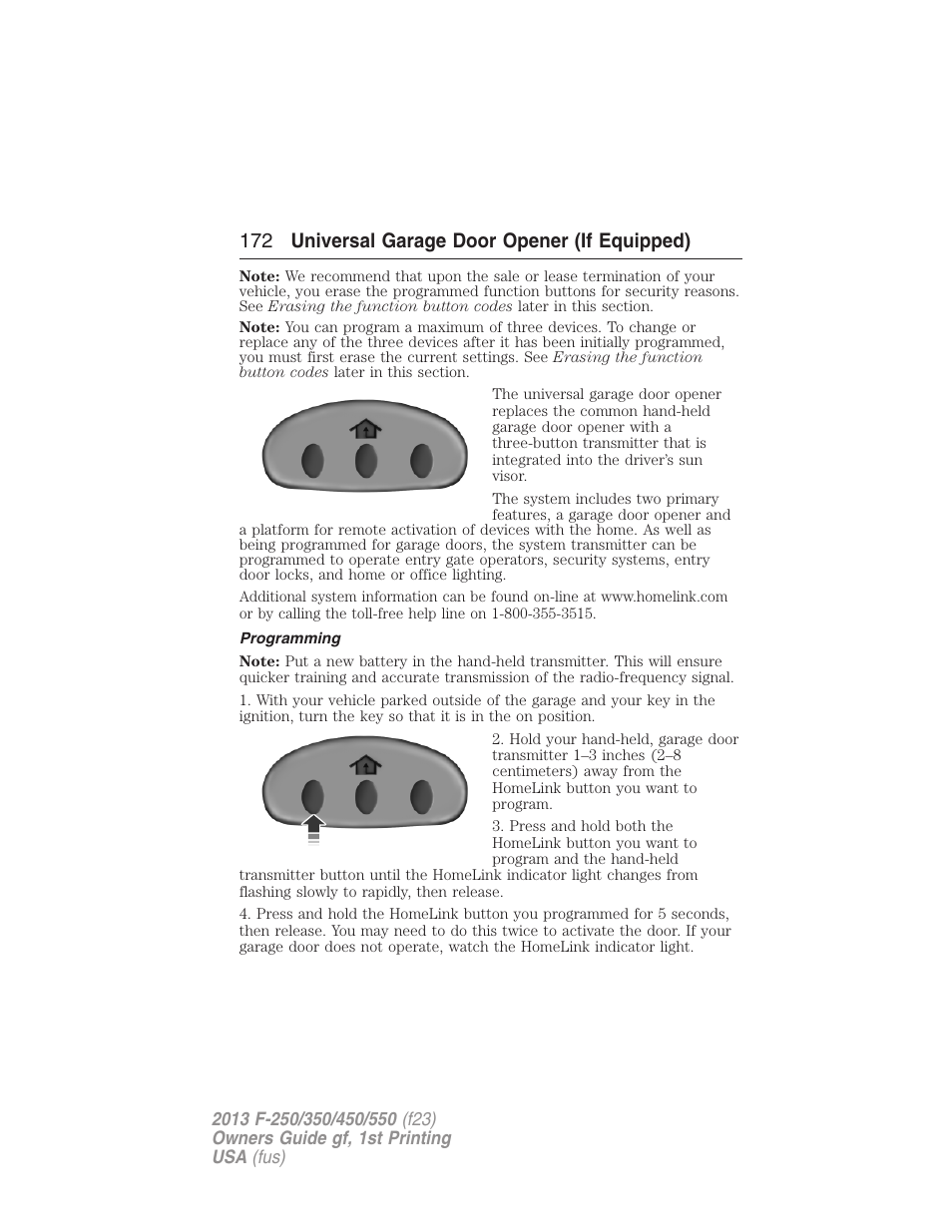 Programming, 172 universal garage door opener (if equipped) | FORD 2013 F-550 v.1 User Manual | Page 173 / 563