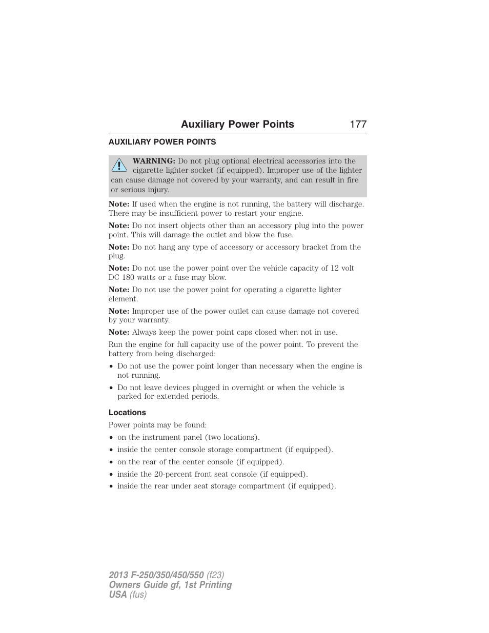 Auxiliary power points, Locations, Auxiliary power points 177 | FORD 2013 F-550 v.1 User Manual | Page 178 / 563
