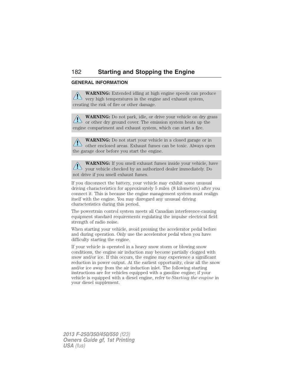 Starting and stopping the engine, General information, 182 starting and stopping the engine | FORD 2013 F-550 v.1 User Manual | Page 183 / 563