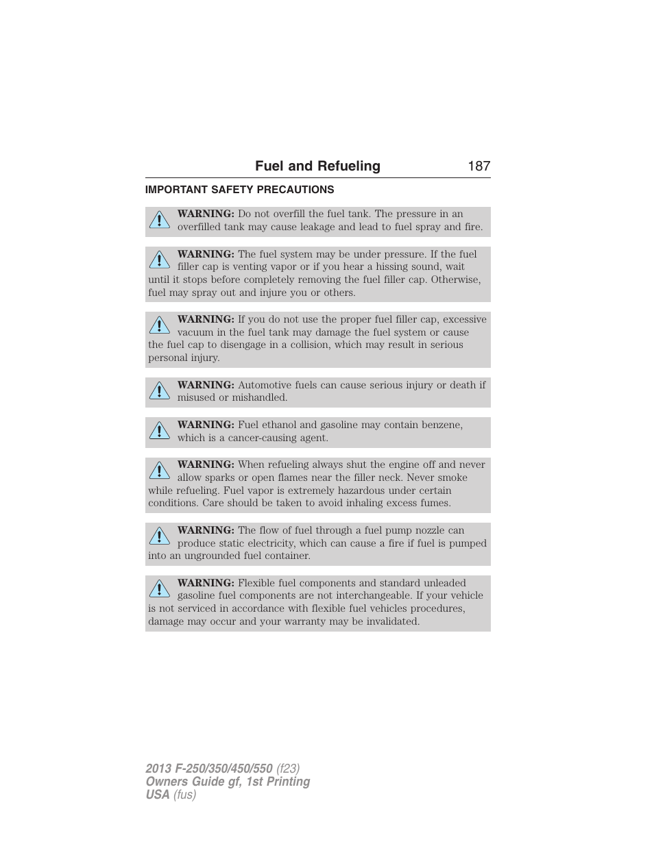 Fuel and refueling, Important safety precautions, Fuel and refueling 187 | FORD 2013 F-550 v.1 User Manual | Page 188 / 563