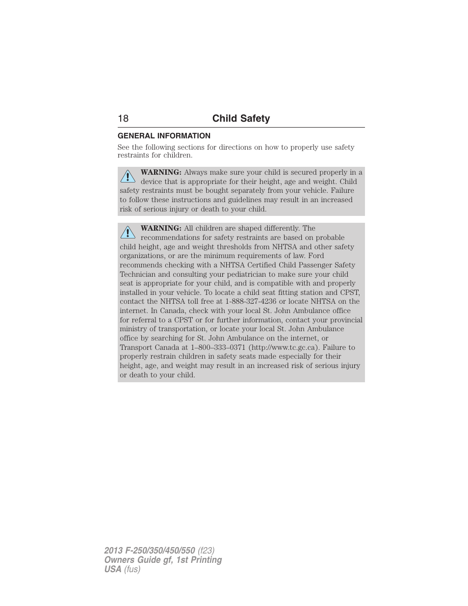 Child safety, General information, 18 child safety | FORD 2013 F-550 v.1 User Manual | Page 19 / 563