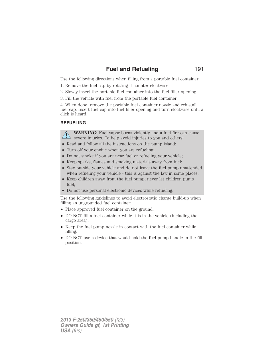 Refueling, Fuel and refueling 191 | FORD 2013 F-550 v.1 User Manual | Page 192 / 563