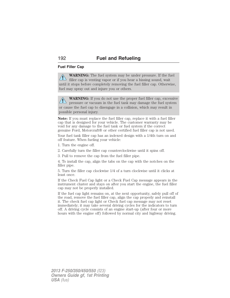 Fuel filler cap, 192 fuel and refueling | FORD 2013 F-550 v.1 User Manual | Page 193 / 563