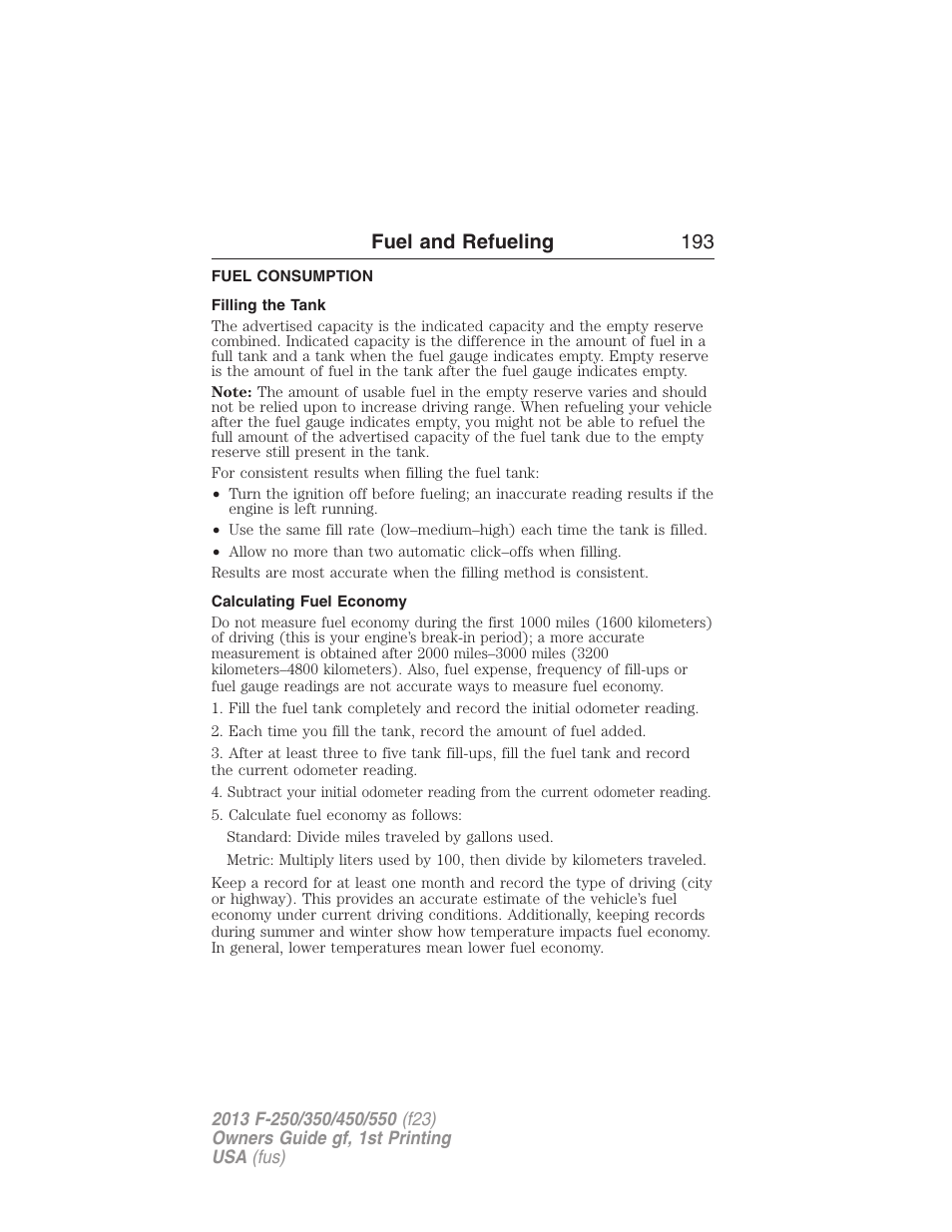 Fuel consumption, Filling the tank, Calculating fuel economy | Fuel and refueling 193 | FORD 2013 F-550 v.1 User Manual | Page 194 / 563