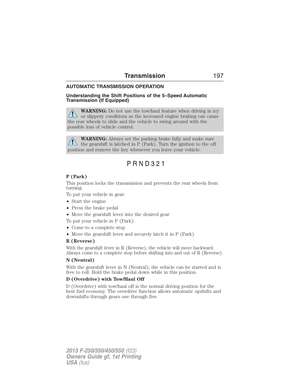 Transmission, Automatic transmission operation, Transmission operation | Transmission 197 | FORD 2013 F-550 v.1 User Manual | Page 198 / 563