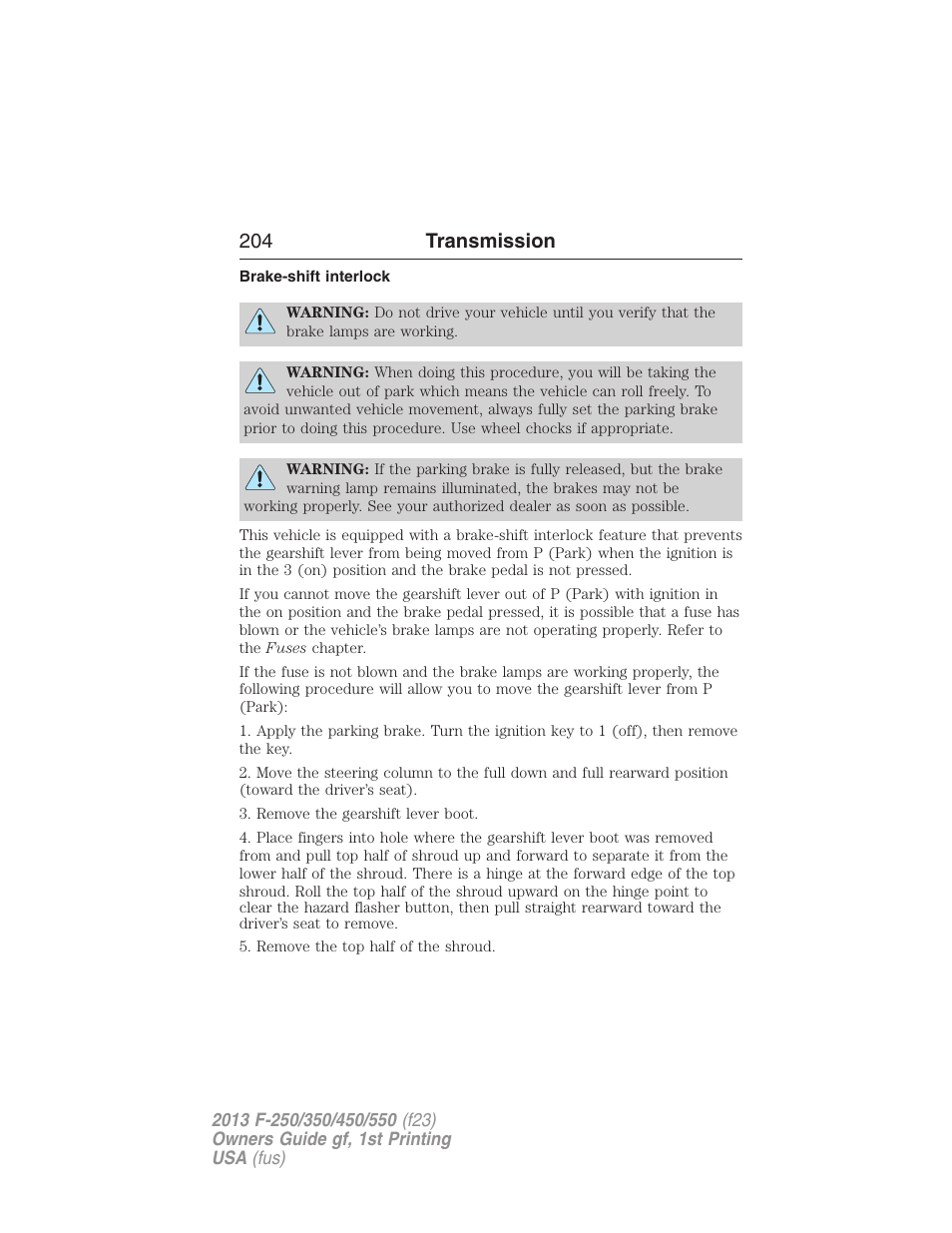 Brake-shift interlock, 204 transmission | FORD 2013 F-550 v.1 User Manual | Page 205 / 563