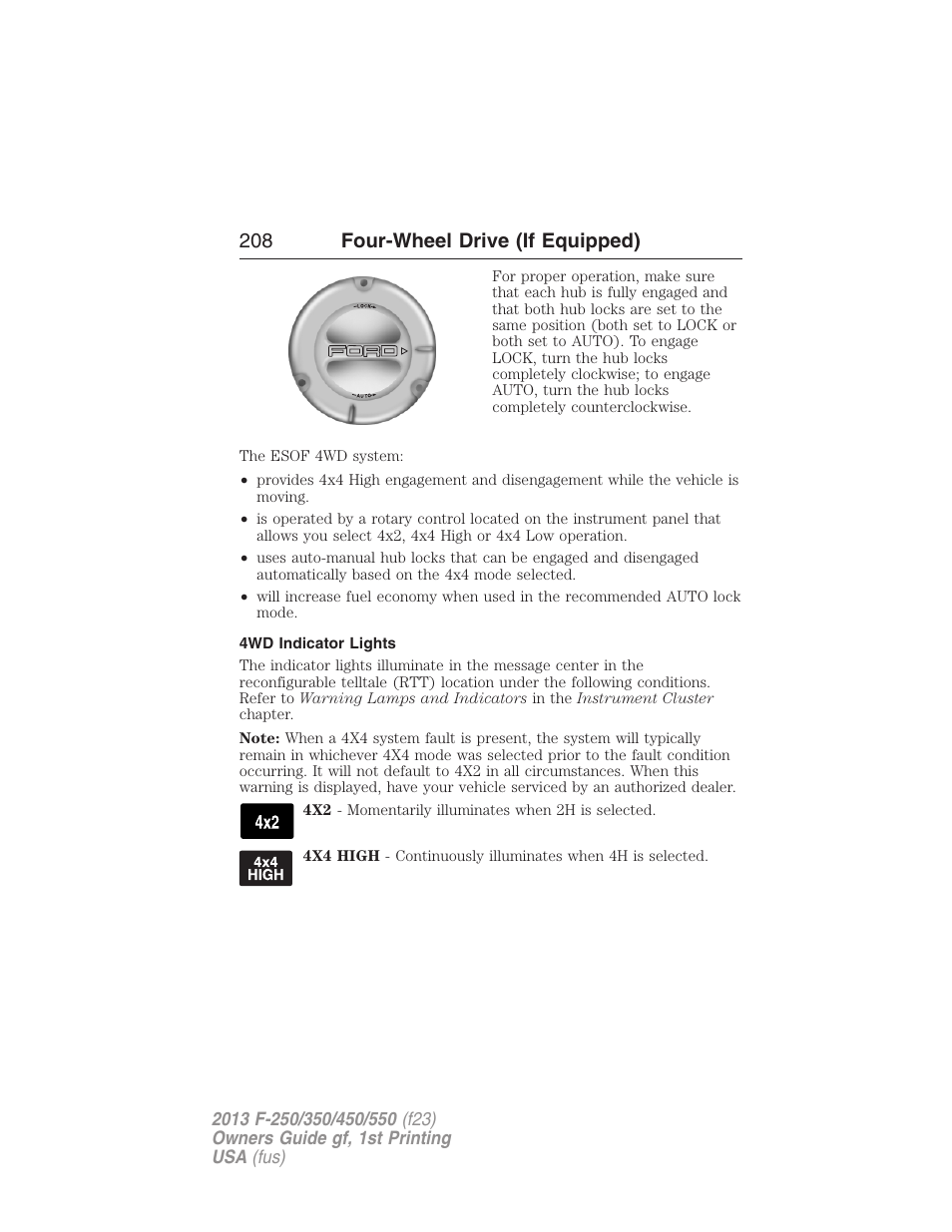 4wd indicator lights, 208 four-wheel drive (if equipped) | FORD 2013 F-550 v.1 User Manual | Page 209 / 563