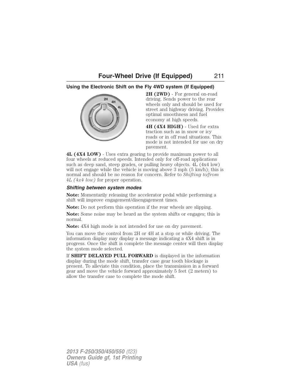 Shifting between system modes, Four-wheel drive (if equipped) 211 | FORD 2013 F-550 v.1 User Manual | Page 212 / 563