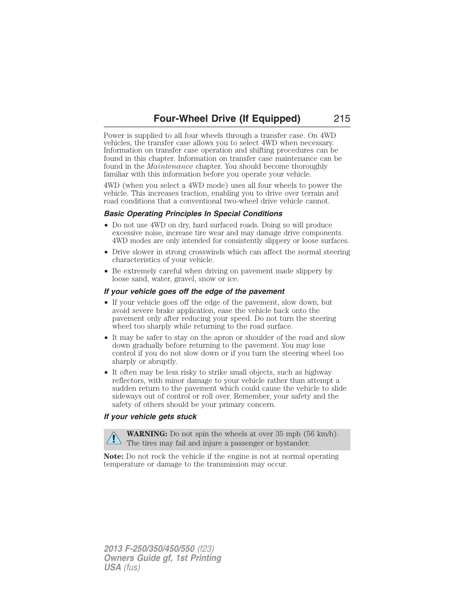 Basic operating principles in special conditions, If your vehicle goes off the edge of the pavement, If your vehicle gets stuck | Four-wheel drive (if equipped) 215 | FORD 2013 F-550 v.1 User Manual | Page 216 / 563