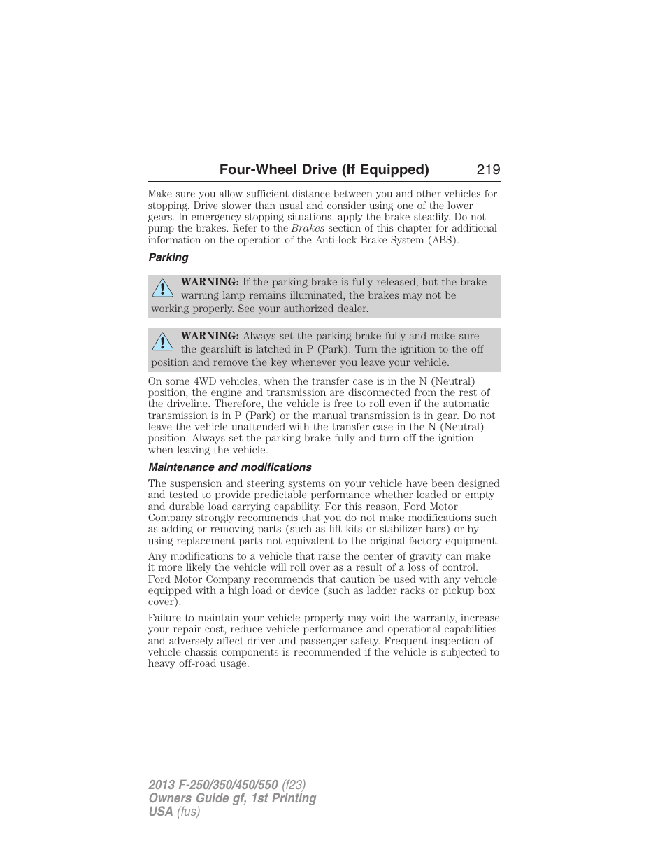 Parking, Maintenance and modifications, Four-wheel drive (if equipped) 219 | FORD 2013 F-550 v.1 User Manual | Page 220 / 563