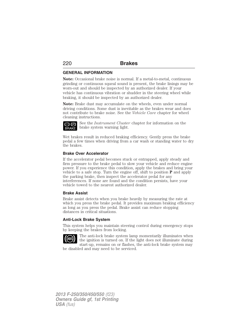 Brakes, General information, Brake over accelerator | Brake assist, Anti-lock brake system, 220 brakes | FORD 2013 F-550 v.1 User Manual | Page 221 / 563
