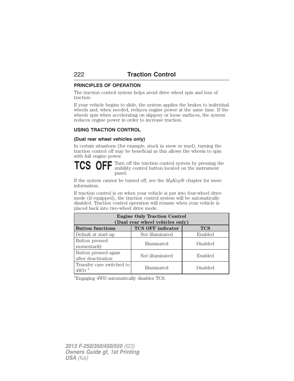 Traction control, Principles of operation, Using traction control | Dual rear wheel vehicles only), 222 traction control | FORD 2013 F-550 v.1 User Manual | Page 223 / 563