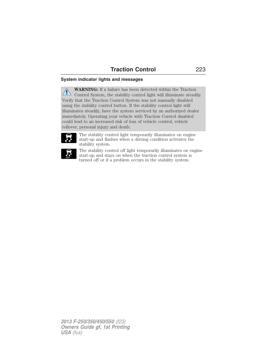 System indicator lights and messages | FORD 2013 F-550 v.1 User Manual | Page 224 / 563
