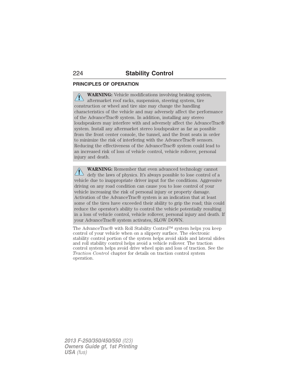 Stability control, Principles of operation, Advancetrac | 224 stability control | FORD 2013 F-550 v.1 User Manual | Page 225 / 563