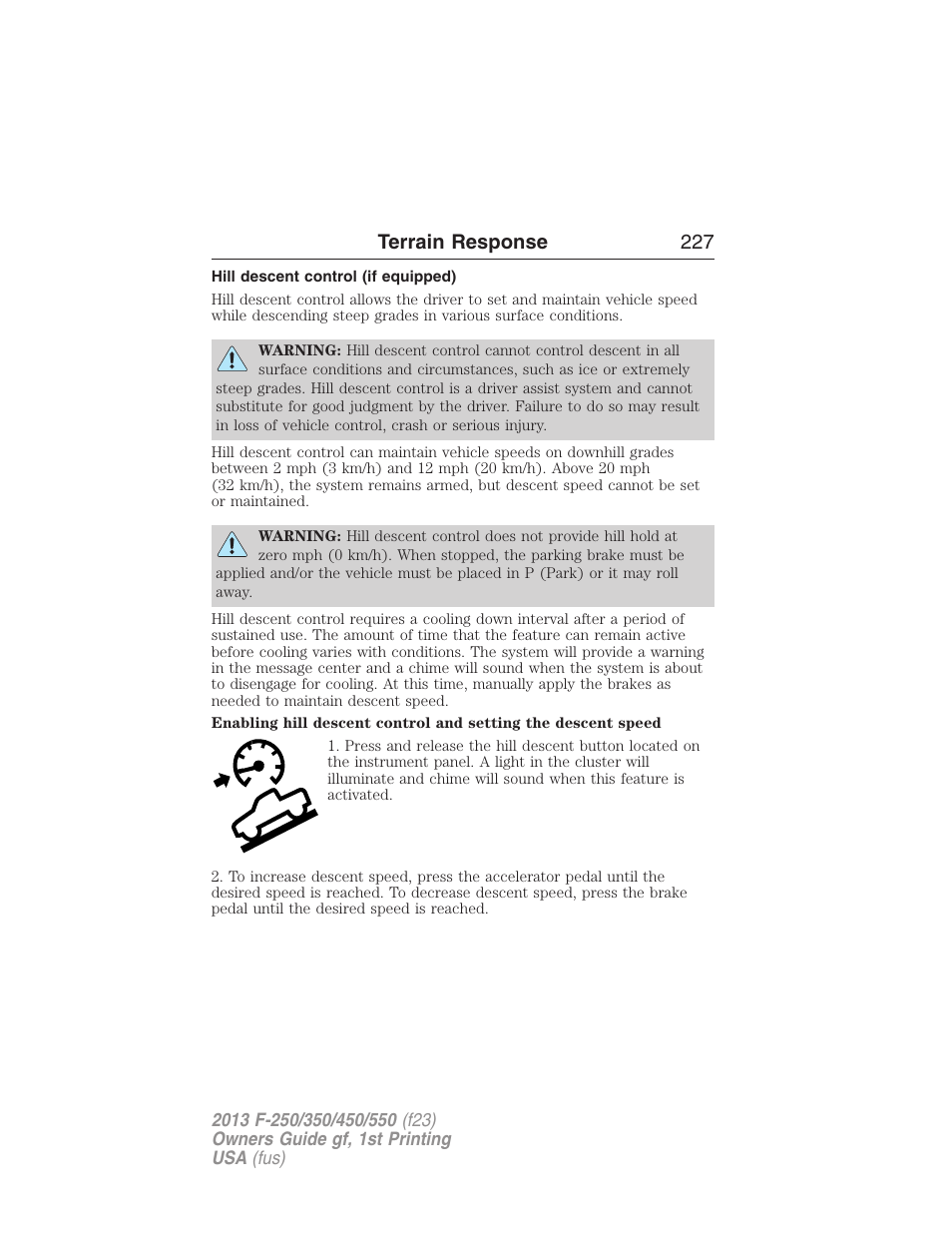 Terrain response, Hill descent control (if equipped), Hill descent control | Terrain response 227 | FORD 2013 F-550 v.1 User Manual | Page 228 / 563