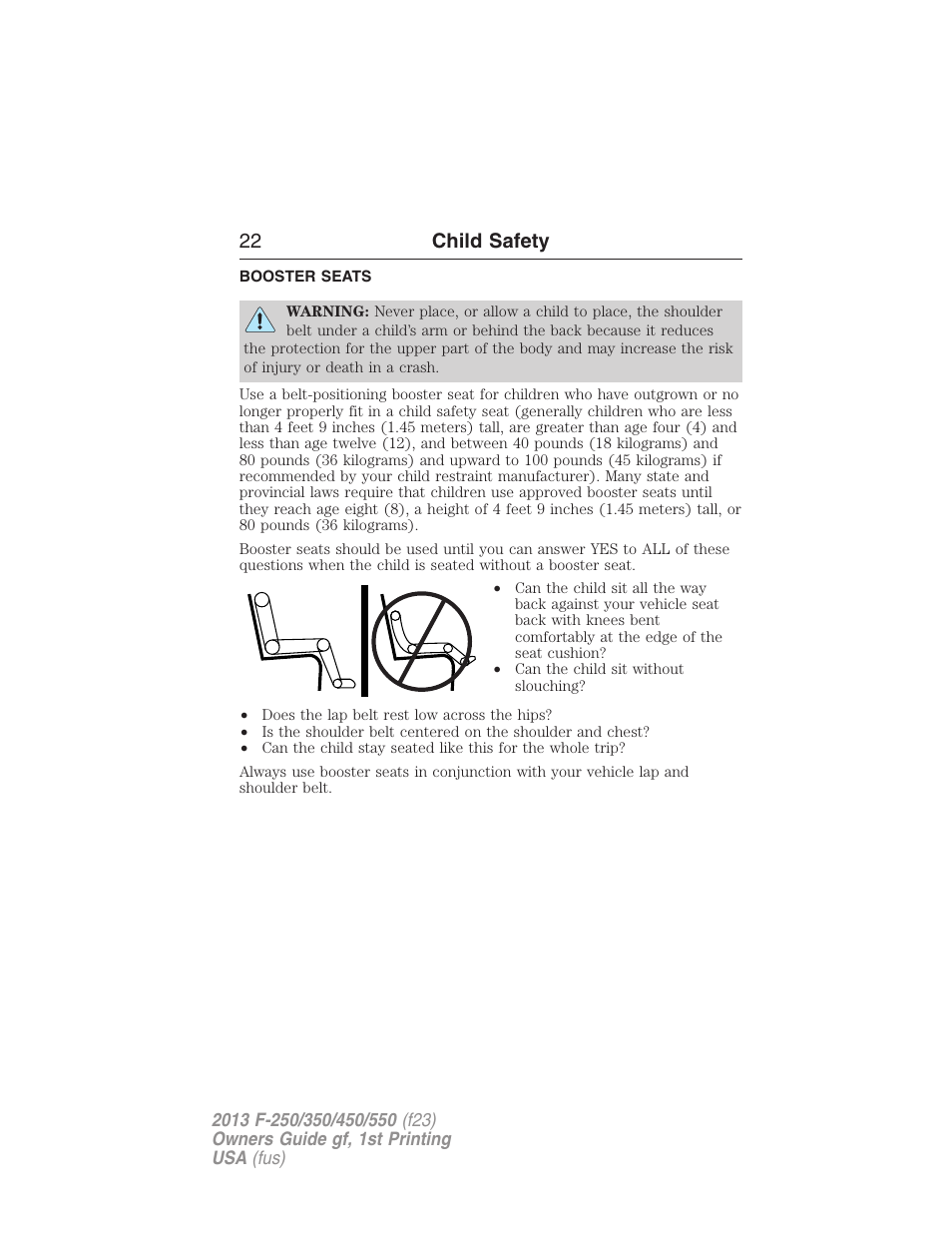 Booster seats, 22 child safety | FORD 2013 F-550 v.1 User Manual | Page 23 / 563