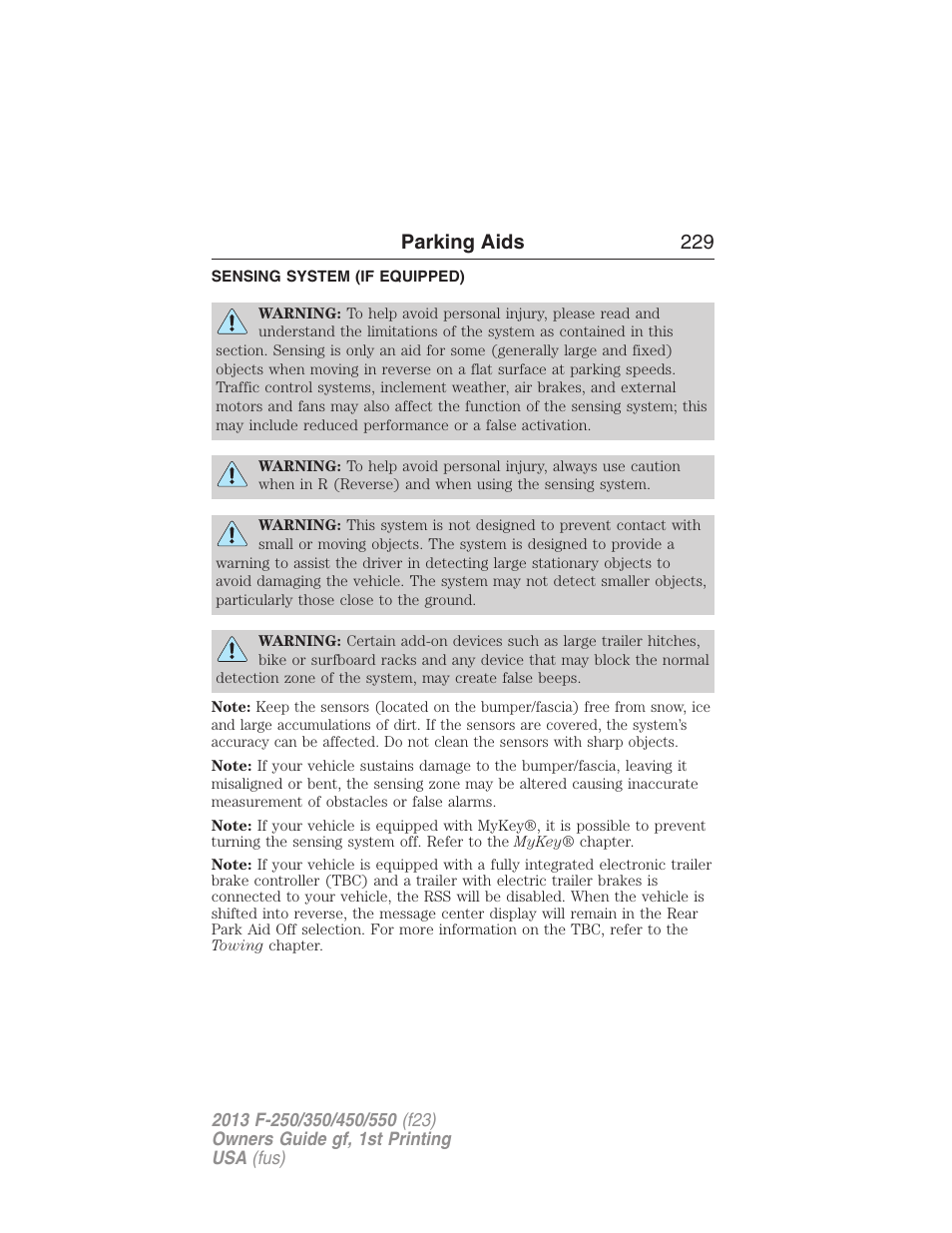 Parking aids, Sensing system (if equipped), Sensing system | Parking aids 229 | FORD 2013 F-550 v.1 User Manual | Page 230 / 563