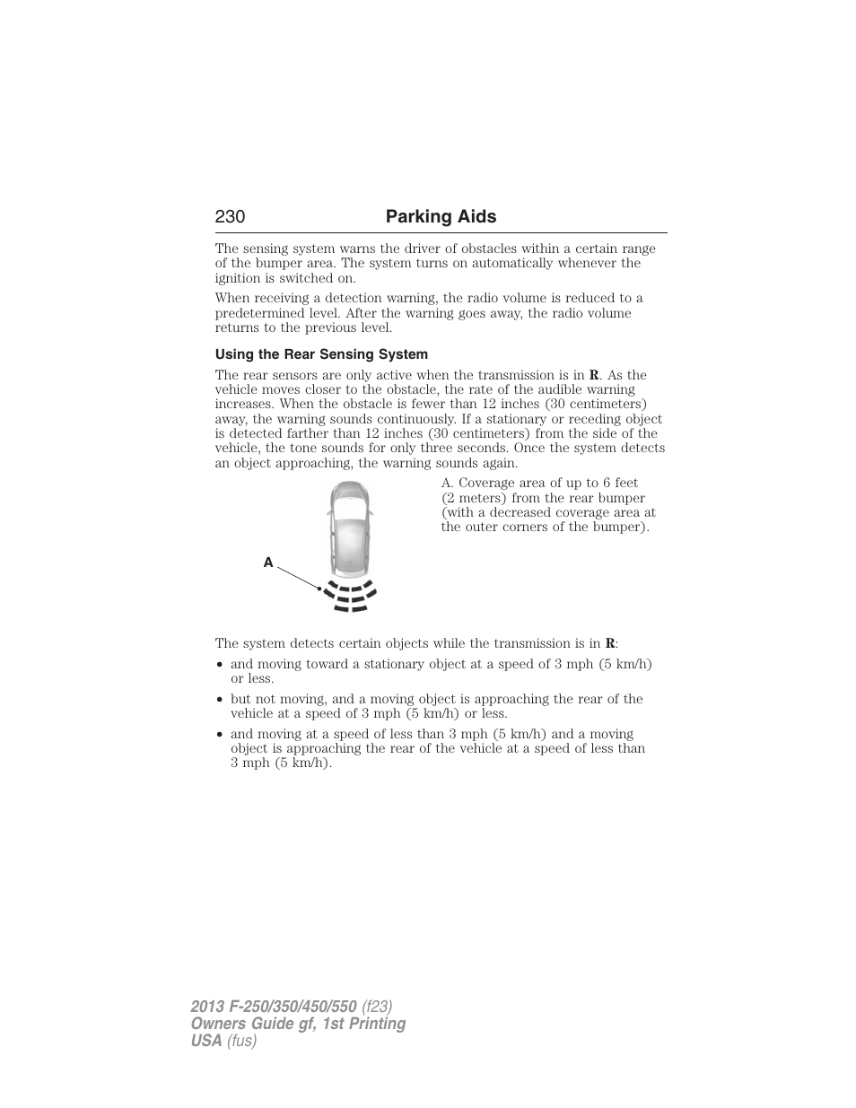Using the rear sensing system, 230 parking aids | FORD 2013 F-550 v.1 User Manual | Page 231 / 563