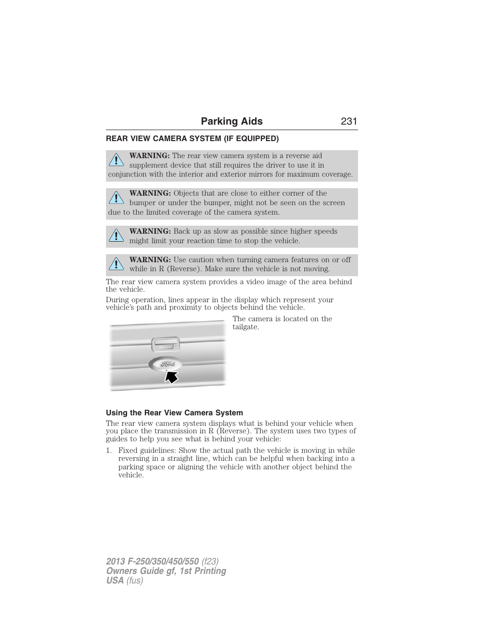 Rear view camera system (if equipped), Using the rear view camera system, Rear-view camera system | Parking aids 231 | FORD 2013 F-550 v.1 User Manual | Page 232 / 563