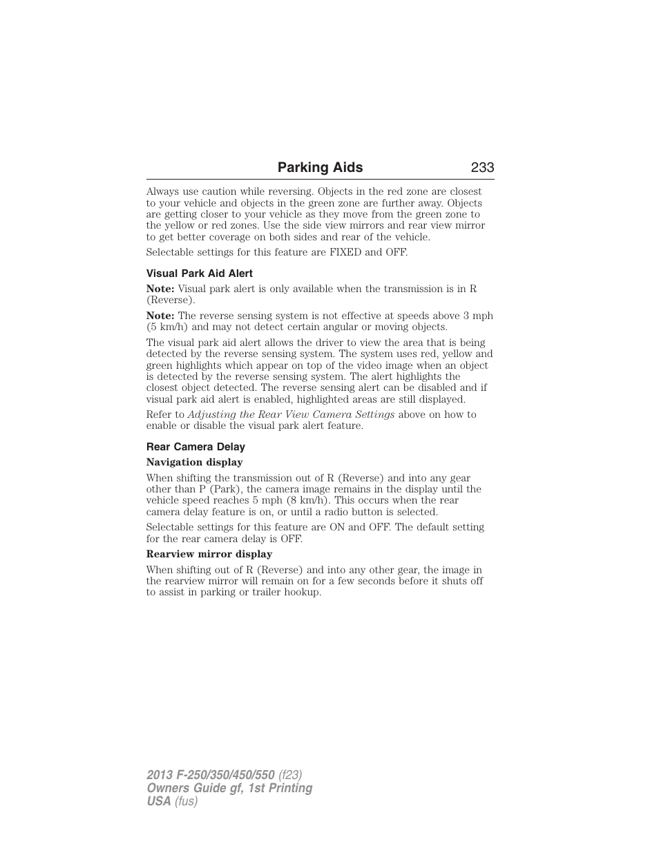 Visual park aid alert, Rear camera delay, Parking aids 233 | FORD 2013 F-550 v.1 User Manual | Page 234 / 563