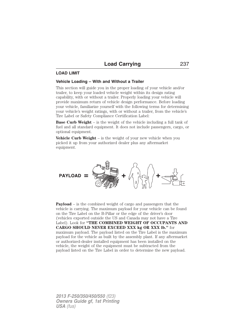 Load carrying, Load limit, Vehicle loading – with and without a trailer | Vehicle loading, Load carrying 237 | FORD 2013 F-550 v.1 User Manual | Page 238 / 563