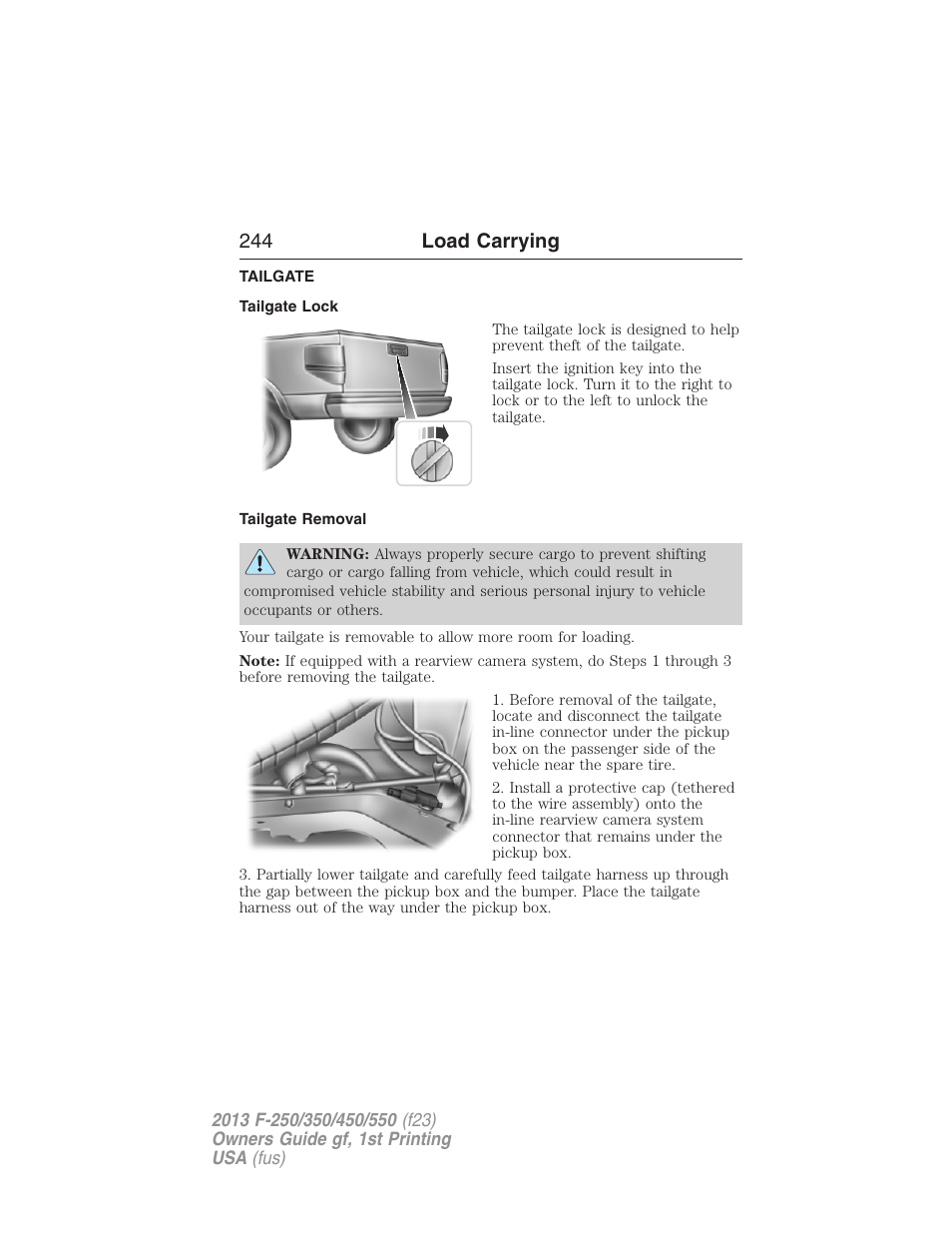 Tailgate, Tailgate lock, Tailgate removal | 244 load carrying | FORD 2013 F-550 v.1 User Manual | Page 245 / 563