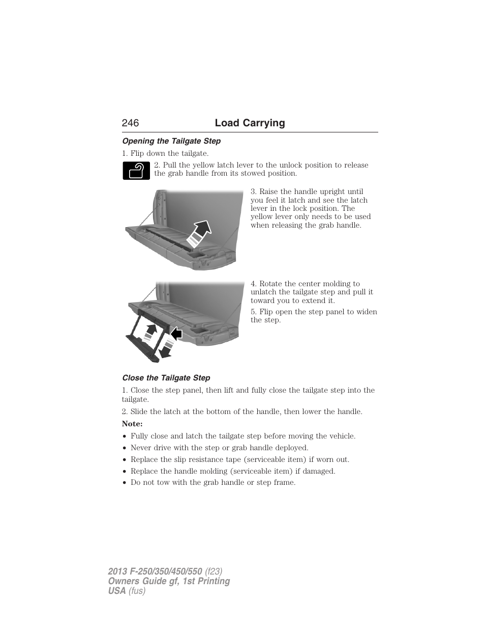 Opening the tailgate step, Close the tailgate step, 246 load carrying | FORD 2013 F-550 v.1 User Manual | Page 247 / 563