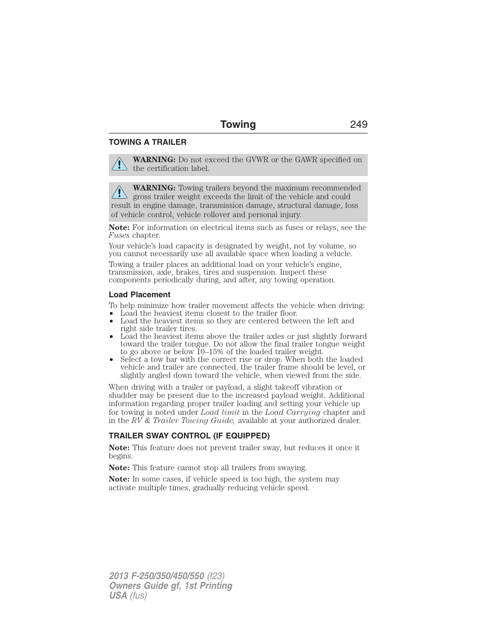 Towing, Towing a trailer, Load placement | Trailer sway control (if equipped), Trailer towing, Towing 249 | FORD 2013 F-550 v.1 User Manual | Page 250 / 563