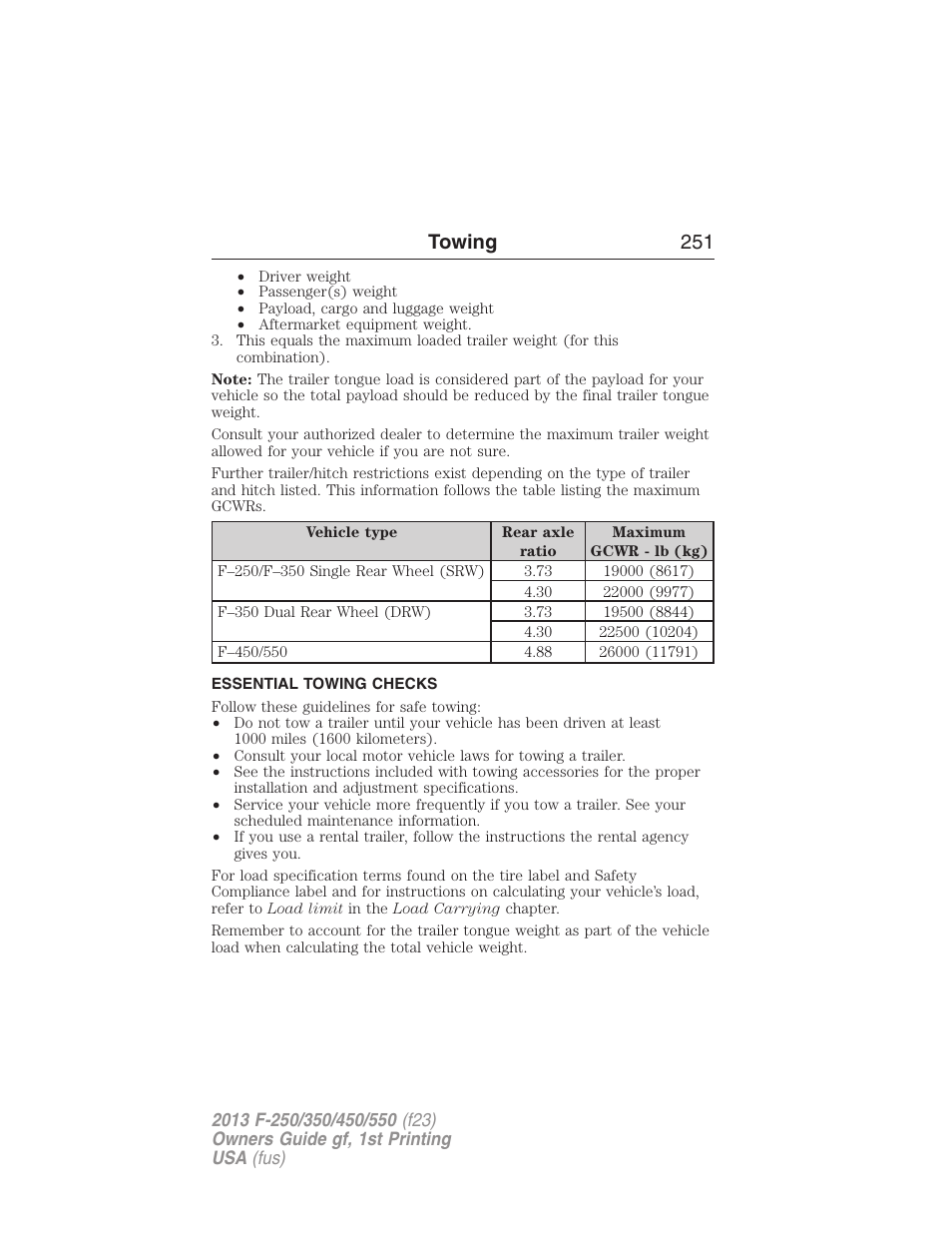 Essential towing checks, Towing 251 | FORD 2013 F-550 v.1 User Manual | Page 252 / 563