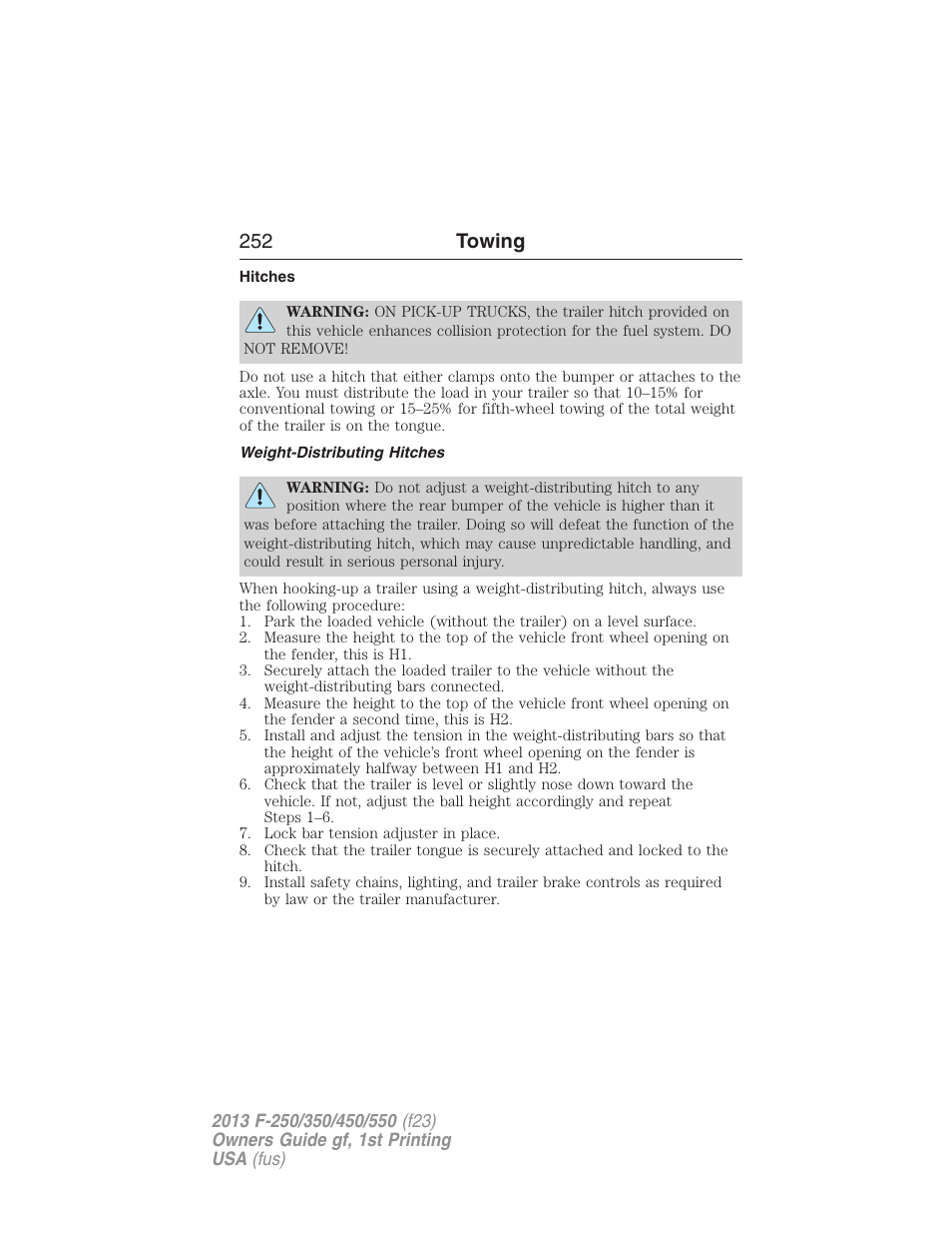 Hitches, Weight-distributing hitches, 252 towing | FORD 2013 F-550 v.1 User Manual | Page 253 / 563